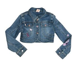 Vintage Bongo Y2K denim embroidered floral pink butterfly jean jacket girls  6x